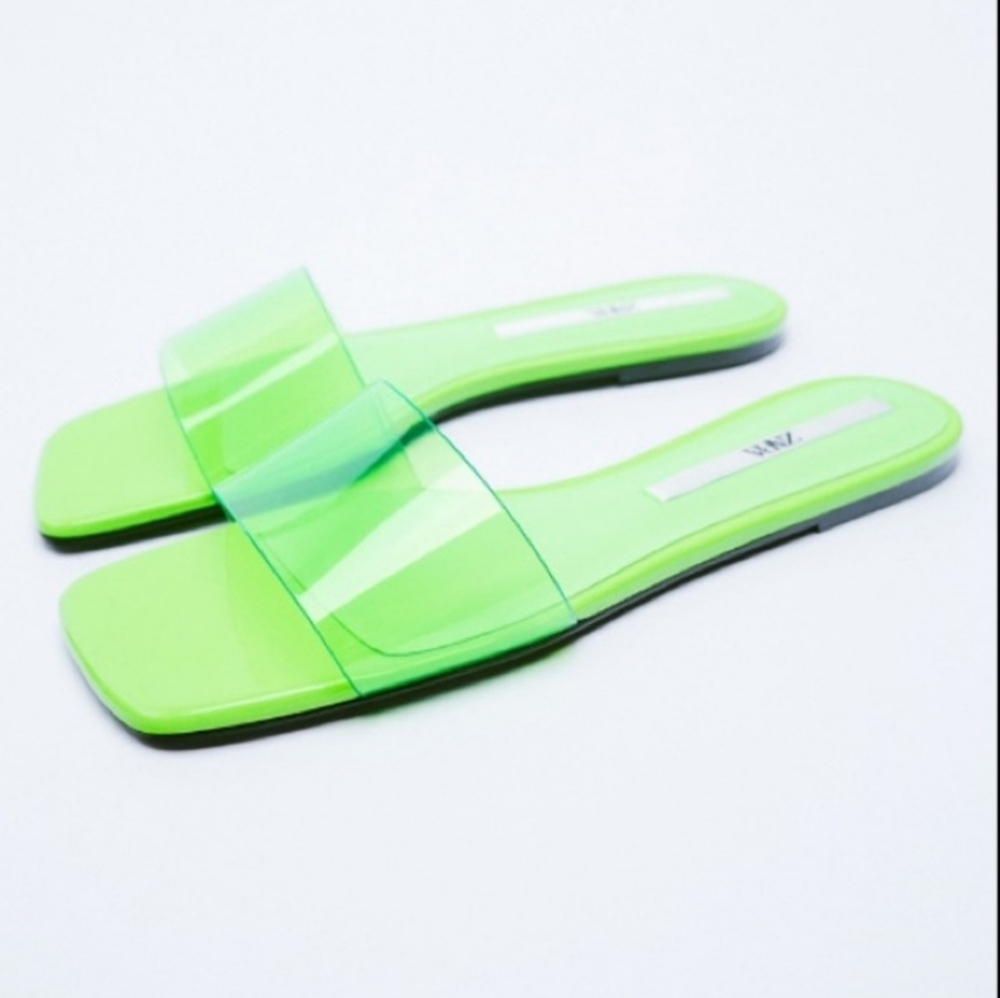 Zara Green Vinyl Wide Strap Sandal Size 9 EU40